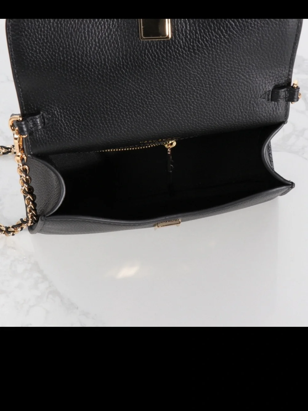 Tory Burch Black Pebbled Leather Top-Handle Crossbody with Gold Chain